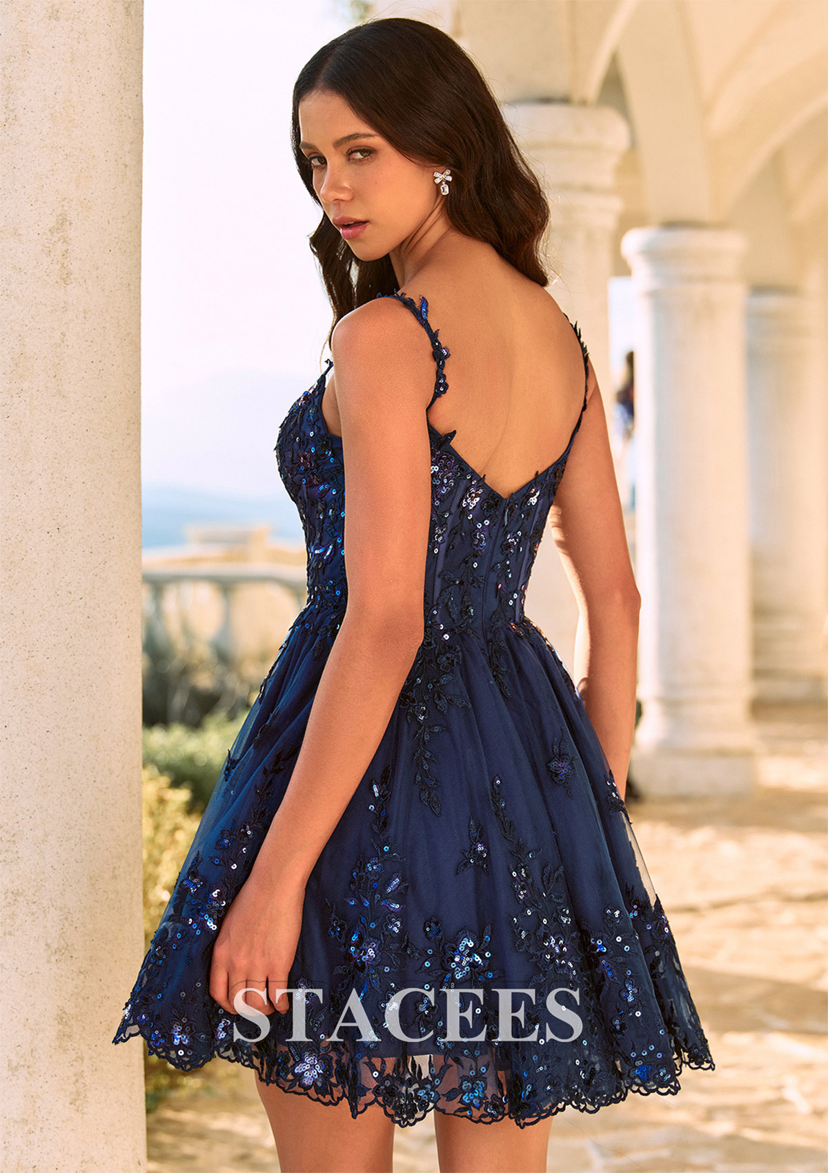 Dark Navy Sparkly Sequins A-line V Neck Corset Short Mini Homecoming Dress with Spaghetti Straps