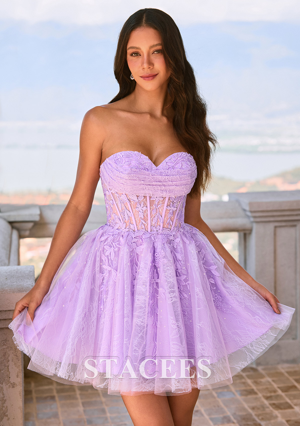 Lila Vestido línea a cuello de corazón tul corto/mini vestido para homecoming