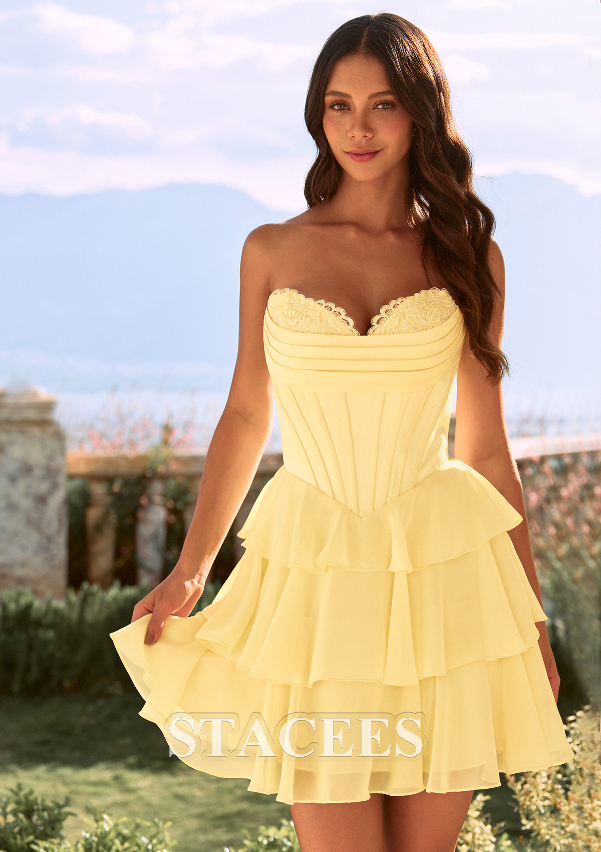 Daffodil A-Line Ruffle Chiffon Short Homecoming Dress with Lace Ruching Corset - STACEES