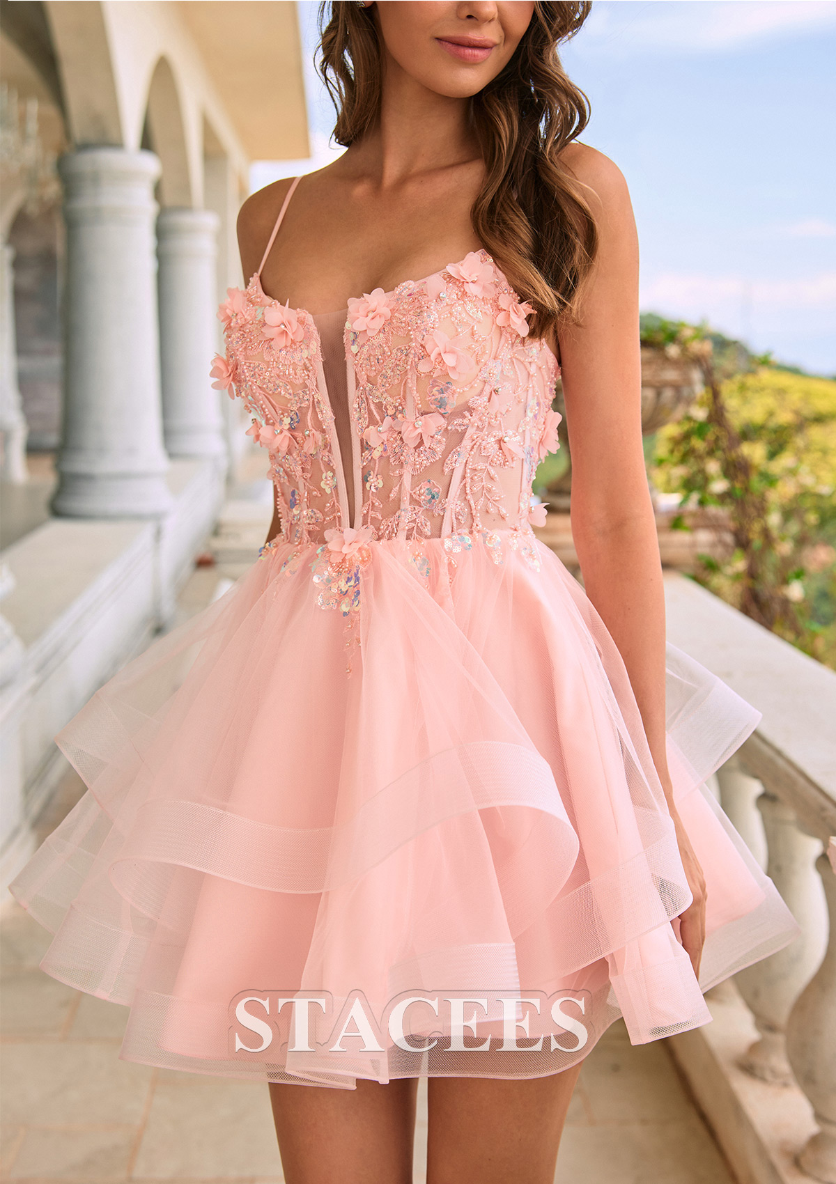 Rose Rougissant Trapèze scoop tulle courte/mini robe de fête de la rentré avec perles fleurs volants - STACEES
