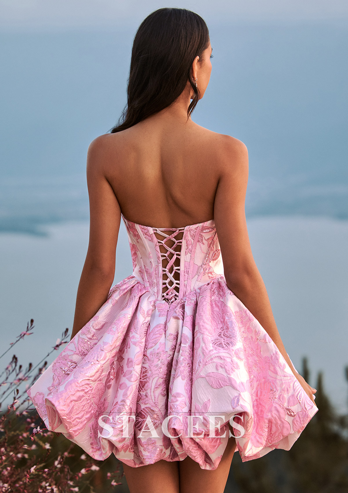 Candy Pink Floral A-line Strapless Corset Floral Brocade Ball Gown Mini Homecoming Dress - STACEES