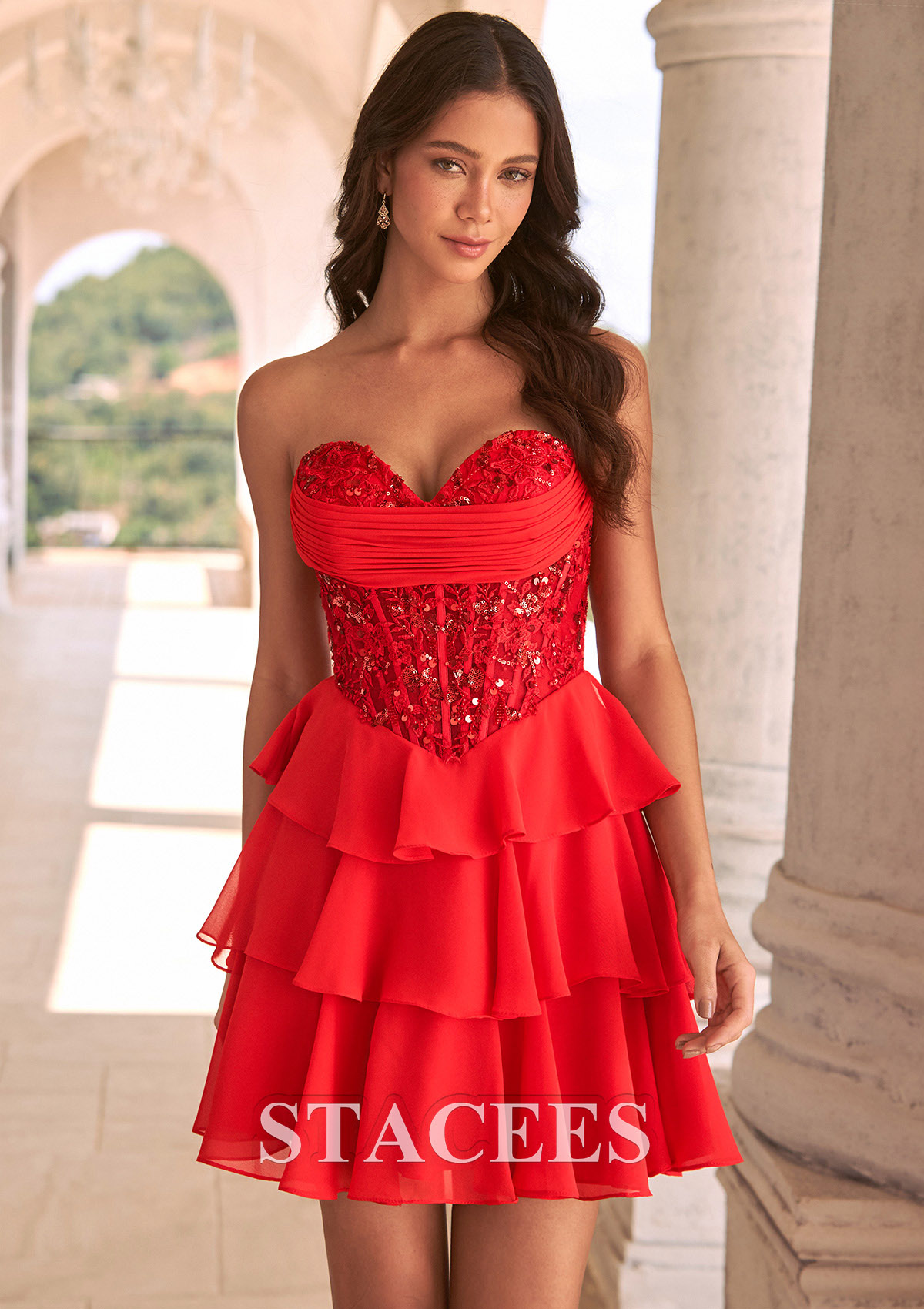 Rojo Vestido mini línea a de escote corazón en gasa para homecoming - STACEES