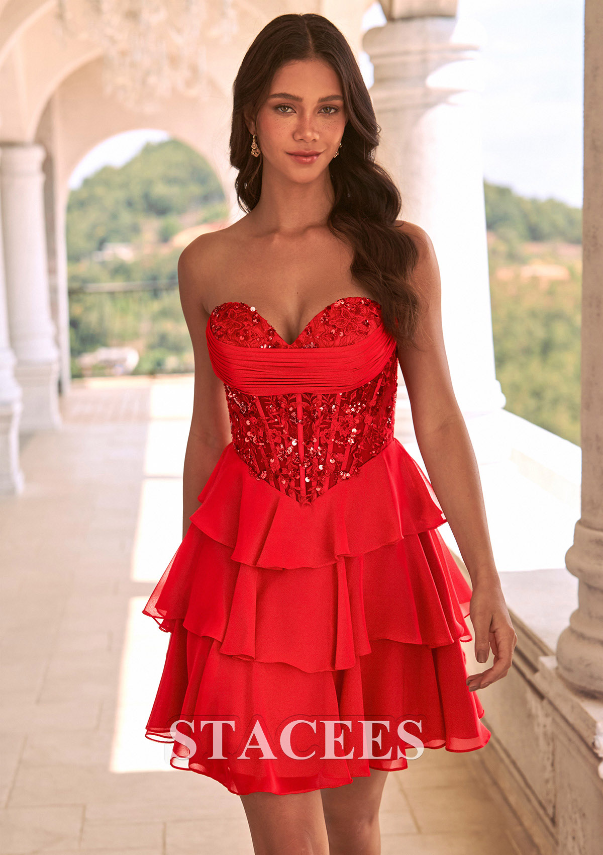 Rojo Vestido mini línea a de escote corazón en gasa para homecoming - STACEES