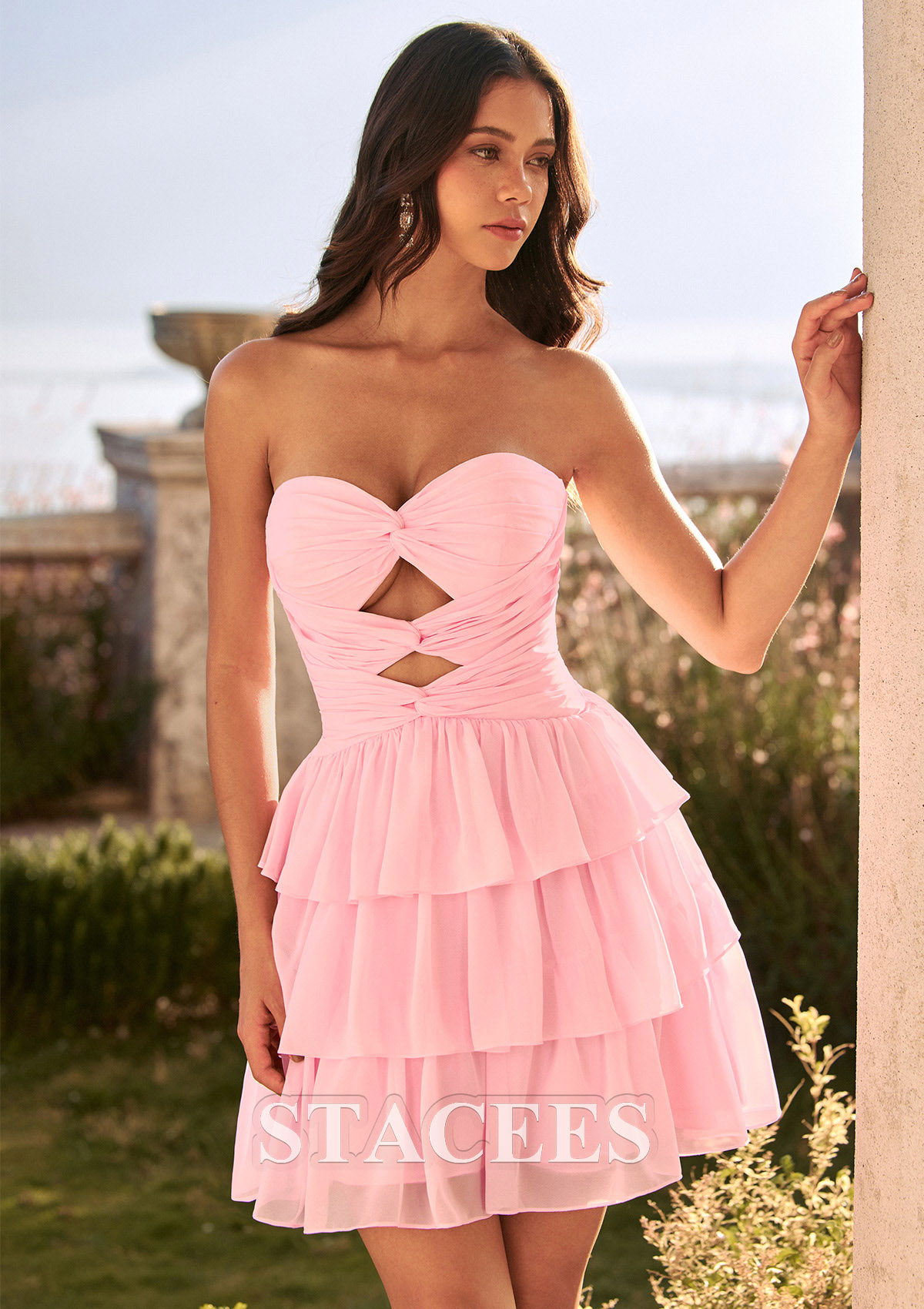 Blushing Pink A-line Strapless Ruched Cutout Corset Tiered Ruffle Chiffon Mini Homecoming Dress - STACEES