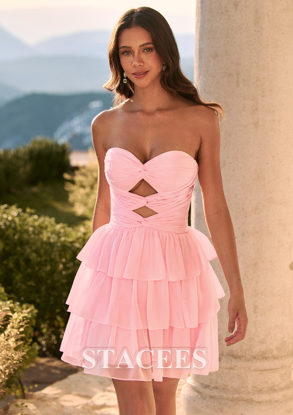 Blushing Pink A-line Strapless Ruched Cutout Corset Tiered Ruffle Chiffon Mini Homecoming Dress - STACEES