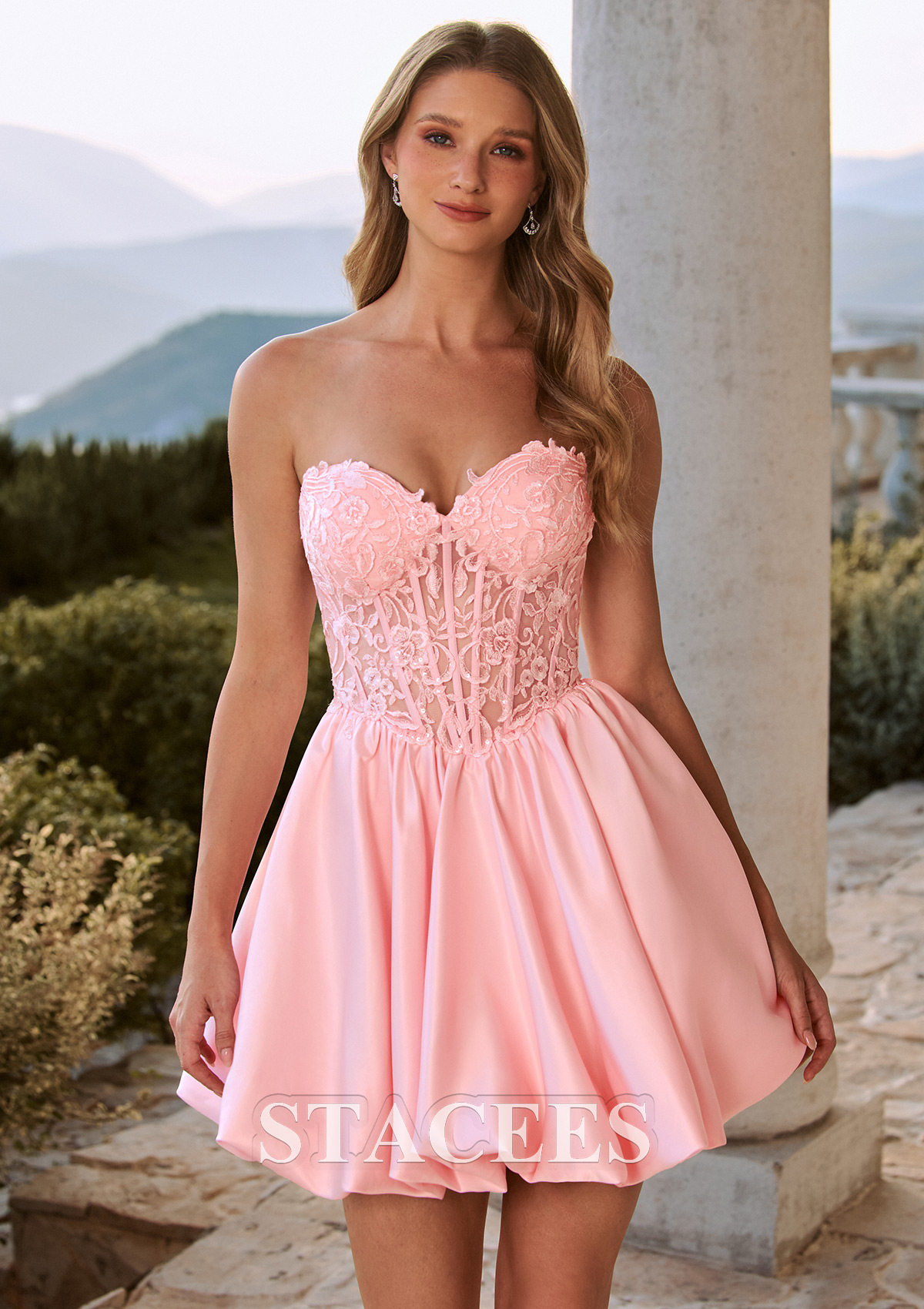 Blushing Pink Strapless Lace Corset A-Line Mini Bubble Homecoming Dress - STACEES