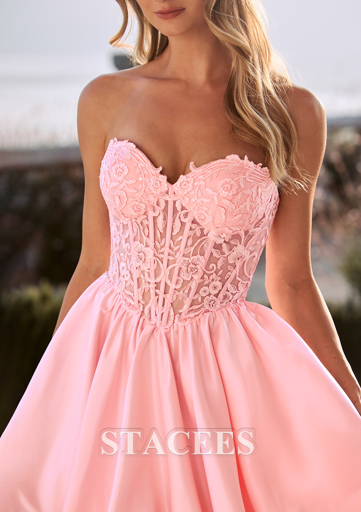 Blushing Pink Strapless Lace Corset A-Line Mini Bubble Homecoming Dress - STACEES