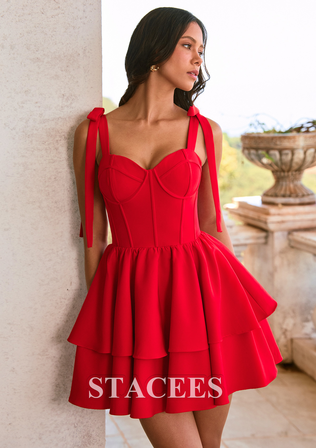 Red A-line Sweetheart Stretch Crepe Layered Short Homecoming Dress with Bow Tie Straps - STACEES