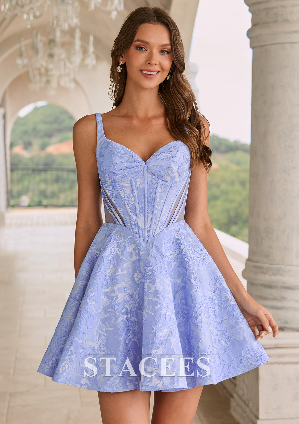 Lavande Trapèze col en v jacquard courte/mini robe de fête de la rentré avec plissé - STACEES