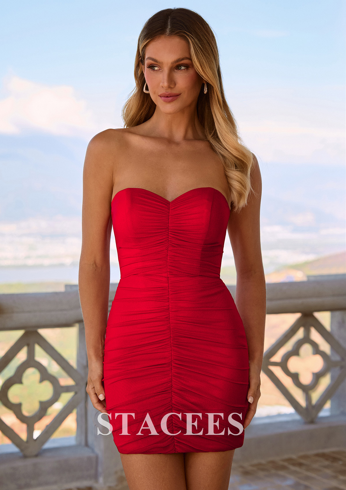 Red Strapless Ruched Bodycon Fit Jersey Mini Homecoming Dress - STACEES