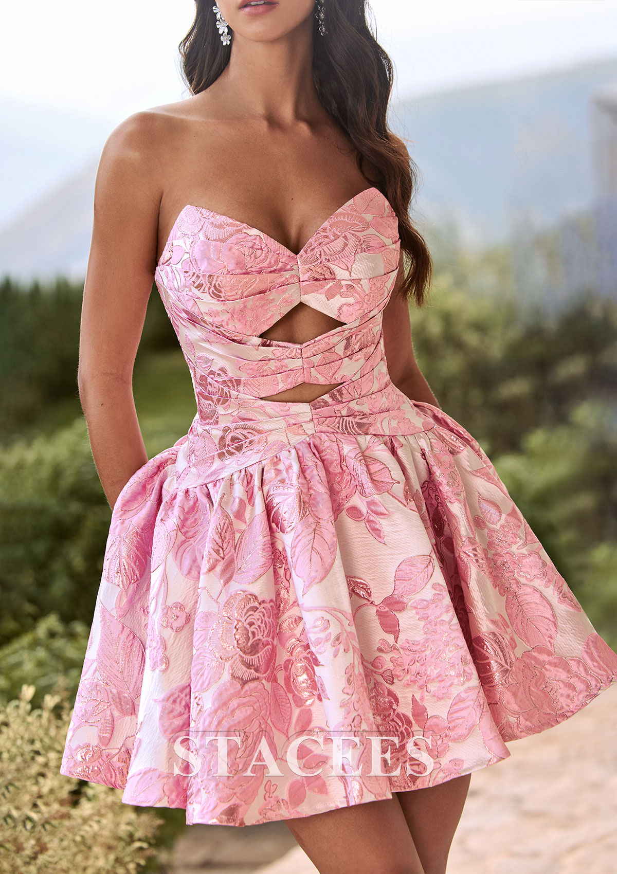 Candy Pink Floral A-line Brocade Strapless Mini Homecoming Dress with Cutout Bodice - STACEES