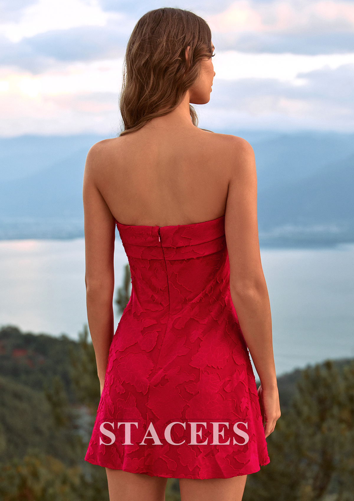 Burgundy Fitted Strapless Floral Jacquard Mini Homecoming Dress withPleated Neckline - STACEES