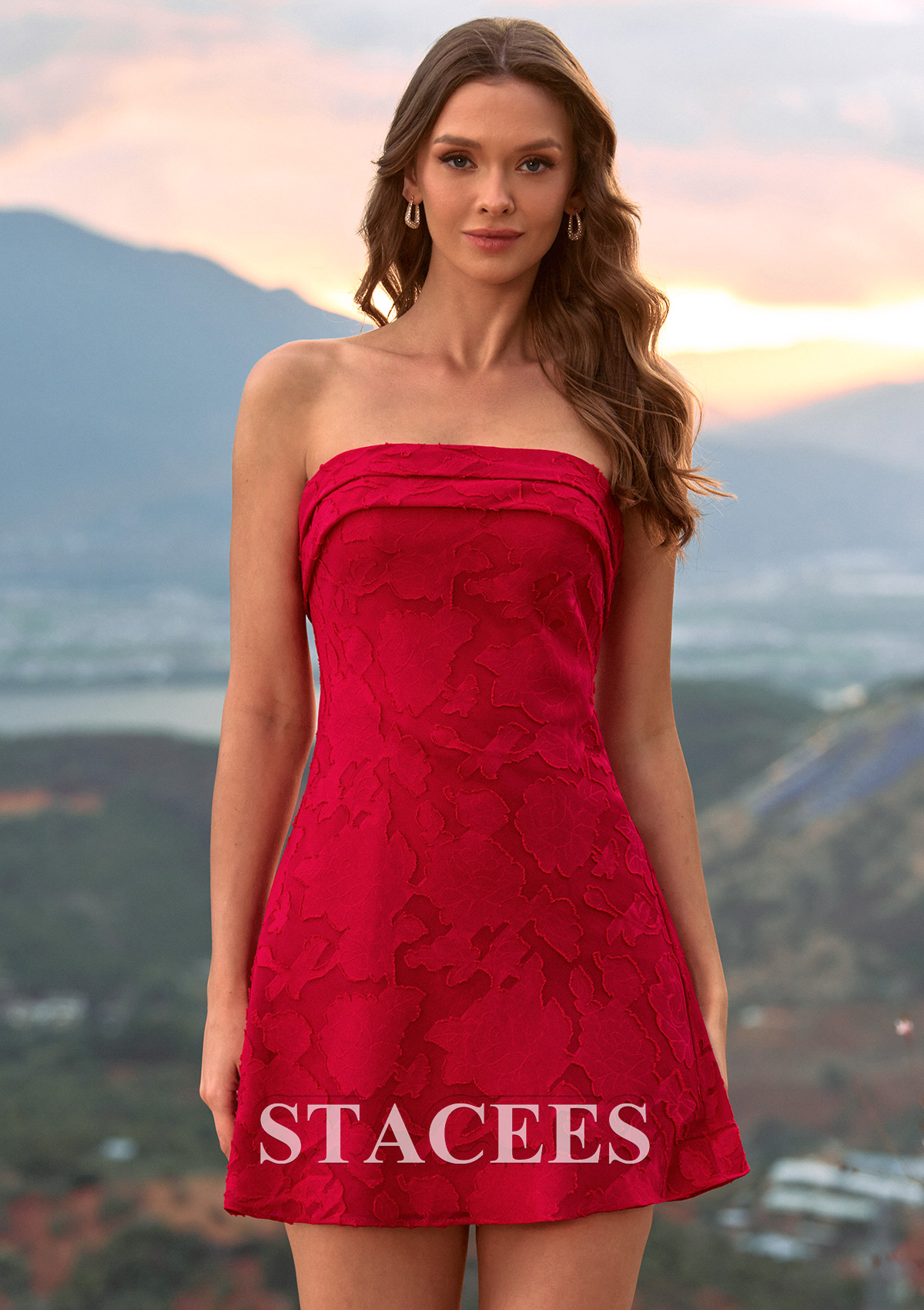 Burgundy Fitted Strapless Floral Jacquard Mini Homecoming Dress withPleated Neckline - STACEES
