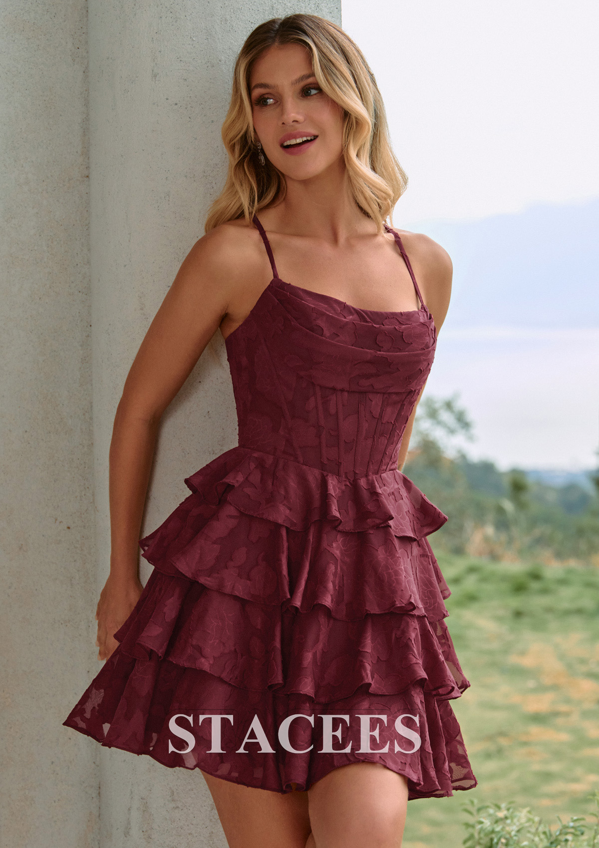 Burgundy A-line Cowl Neck Corset Jacquard Tiered Ruffle Mini Homecoming Dress - STACEES
