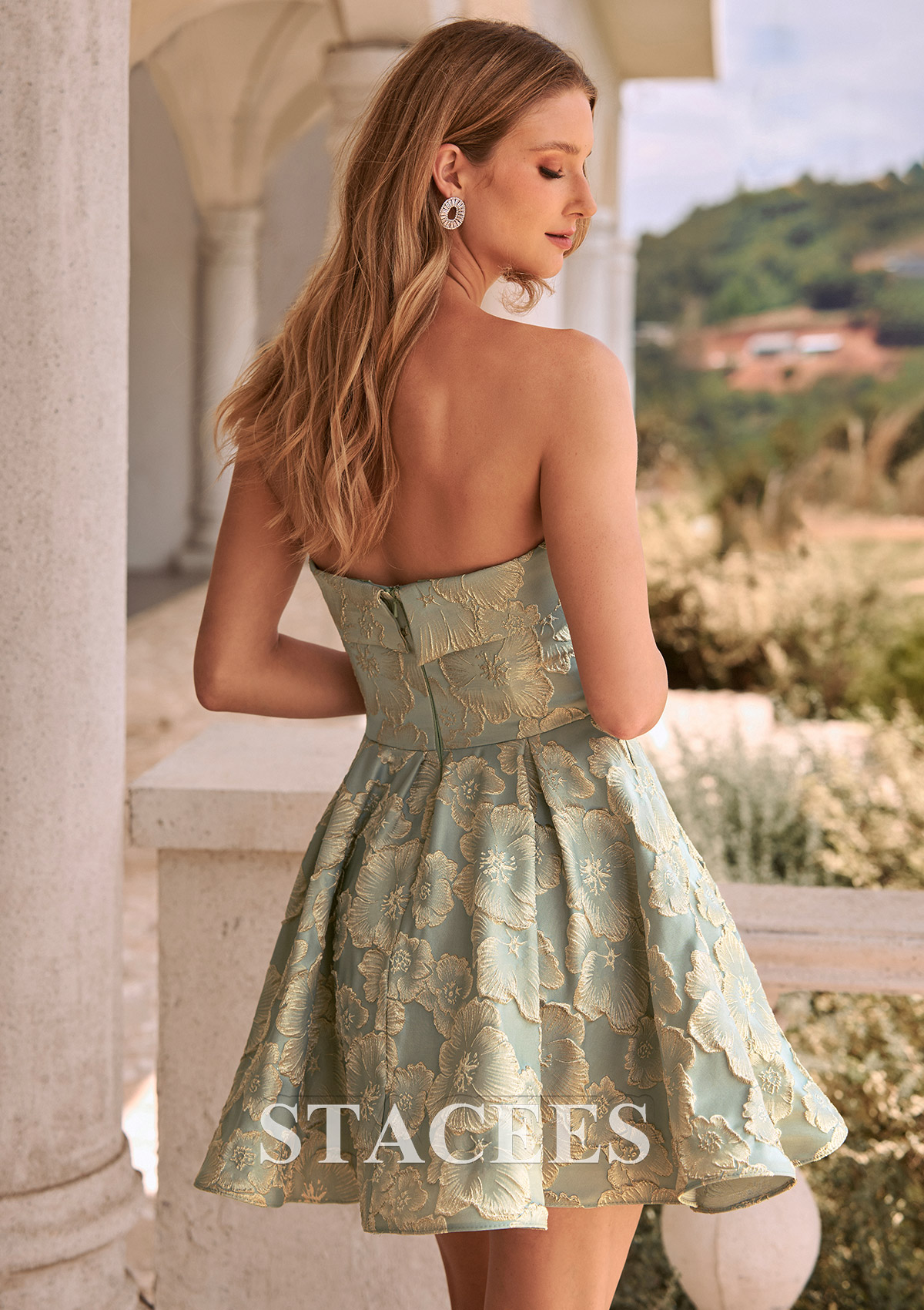 Bleu Clair Trapèze jacquard sans manches courte/mini robe de fête de la rentré avec plissé poches - STACEES