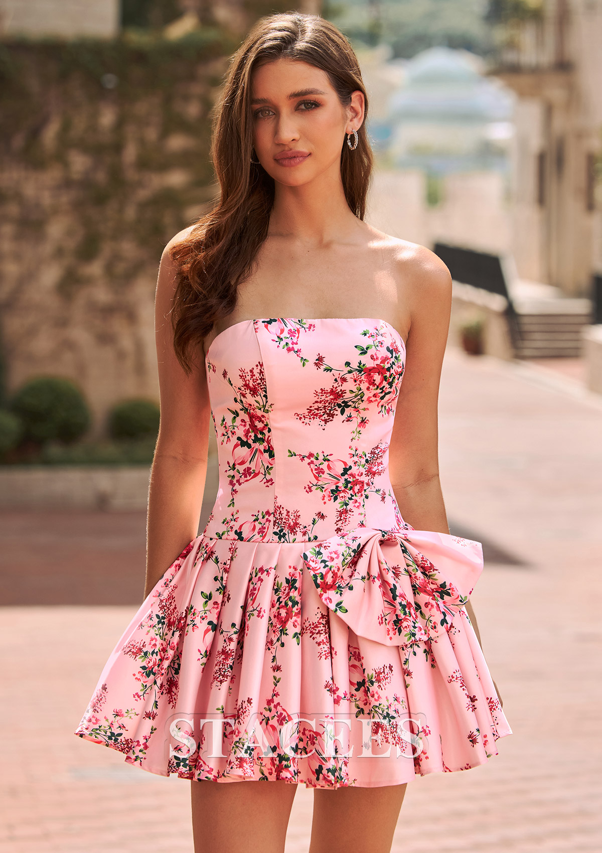 Blushing Pink Floral A-line Floral Print Satin Strapless Short Homecoming Dress with Bow Detail - STACEES