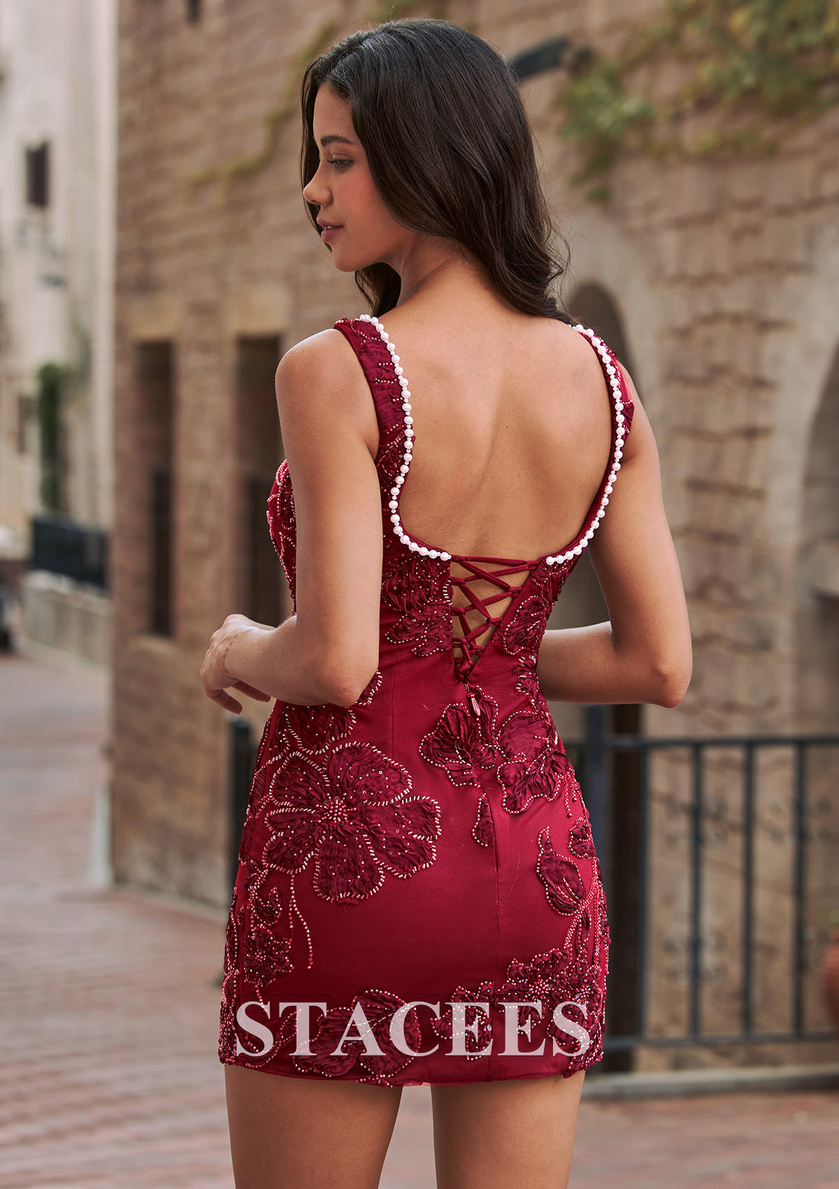 Burgundy Floral Beaded Pearl Trim Square Neck Mini Homecoming Dress - STACEES