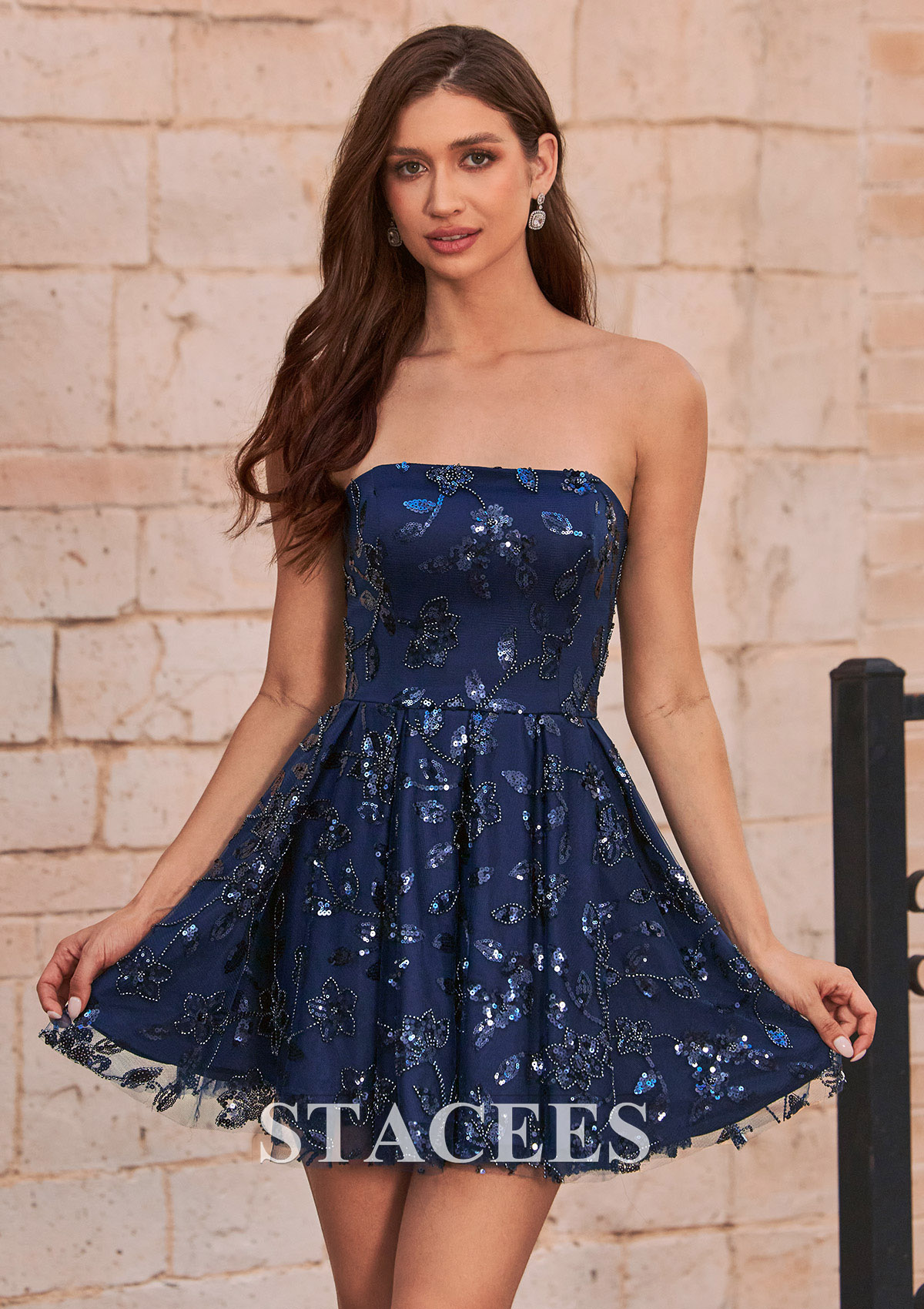 Dark Navy Floral Sequin Beaded Strapless A-Line Homecoming Dress - STACEES