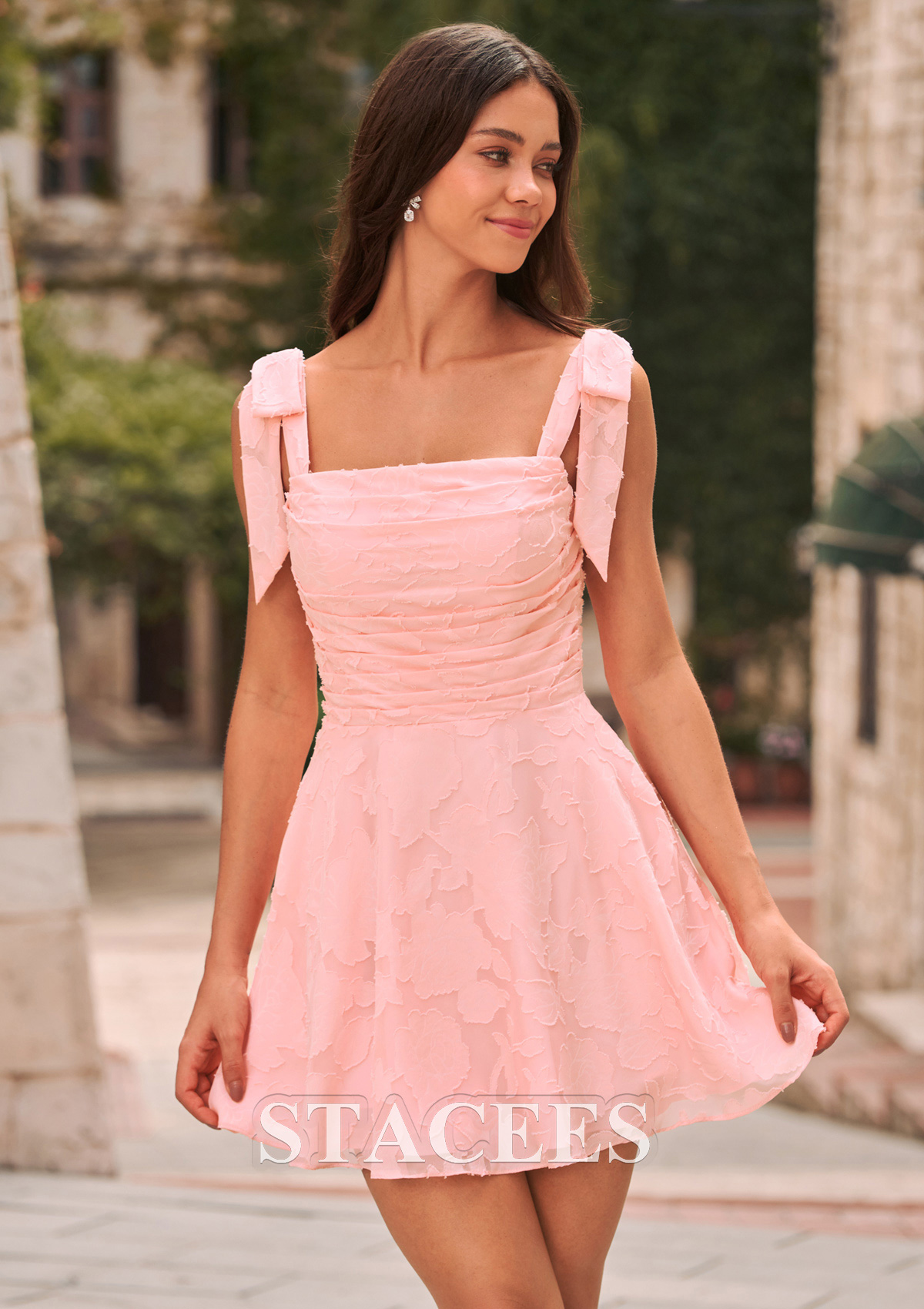 Blushing Pink A-line Square Neckline Floral Jacquard Mini Homecoming Dress with Bow Straps - STACEES