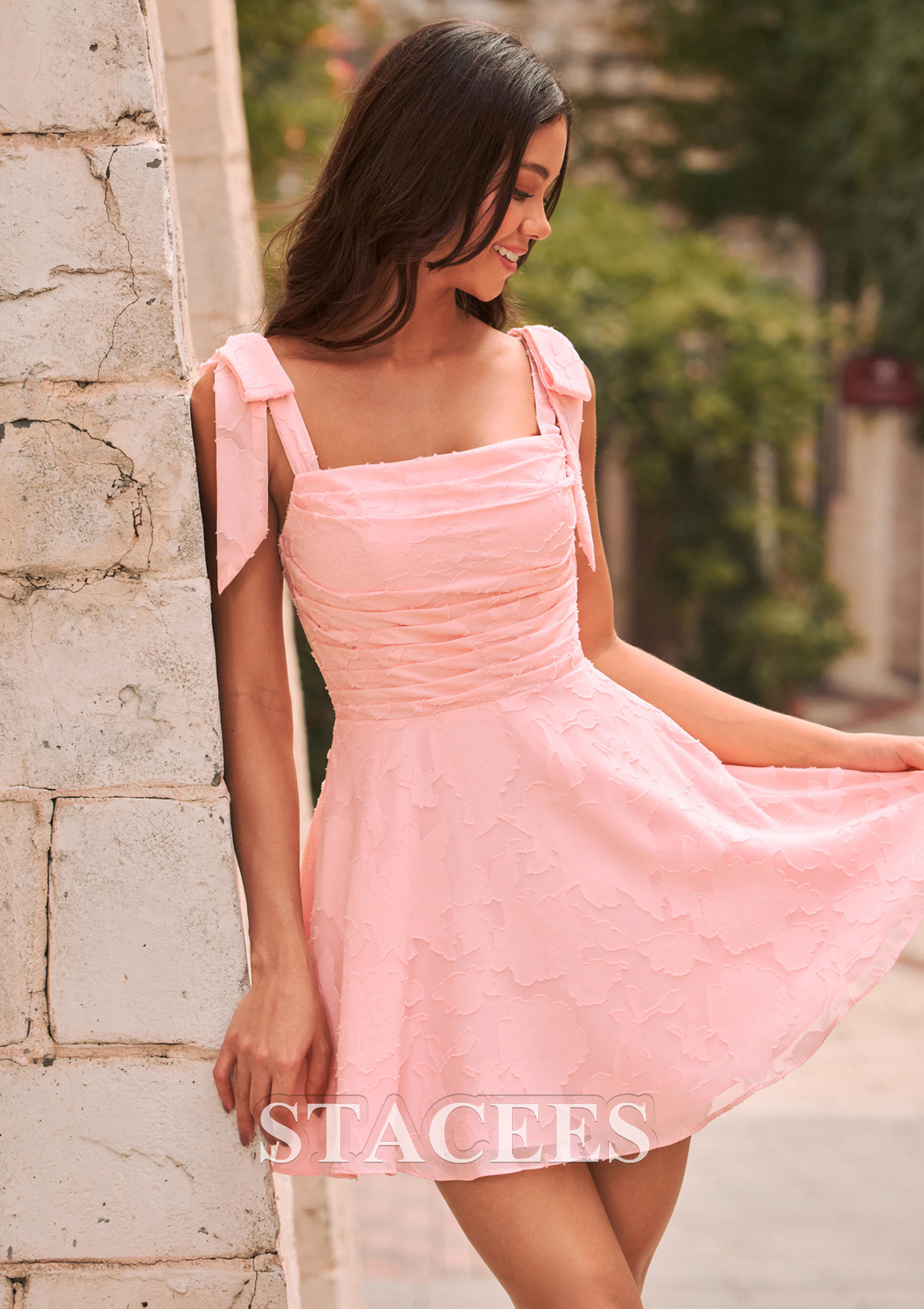 Blushing Pink A-line Square Neckline Floral Jacquard Mini Homecoming Dress with Bow Straps - STACEES