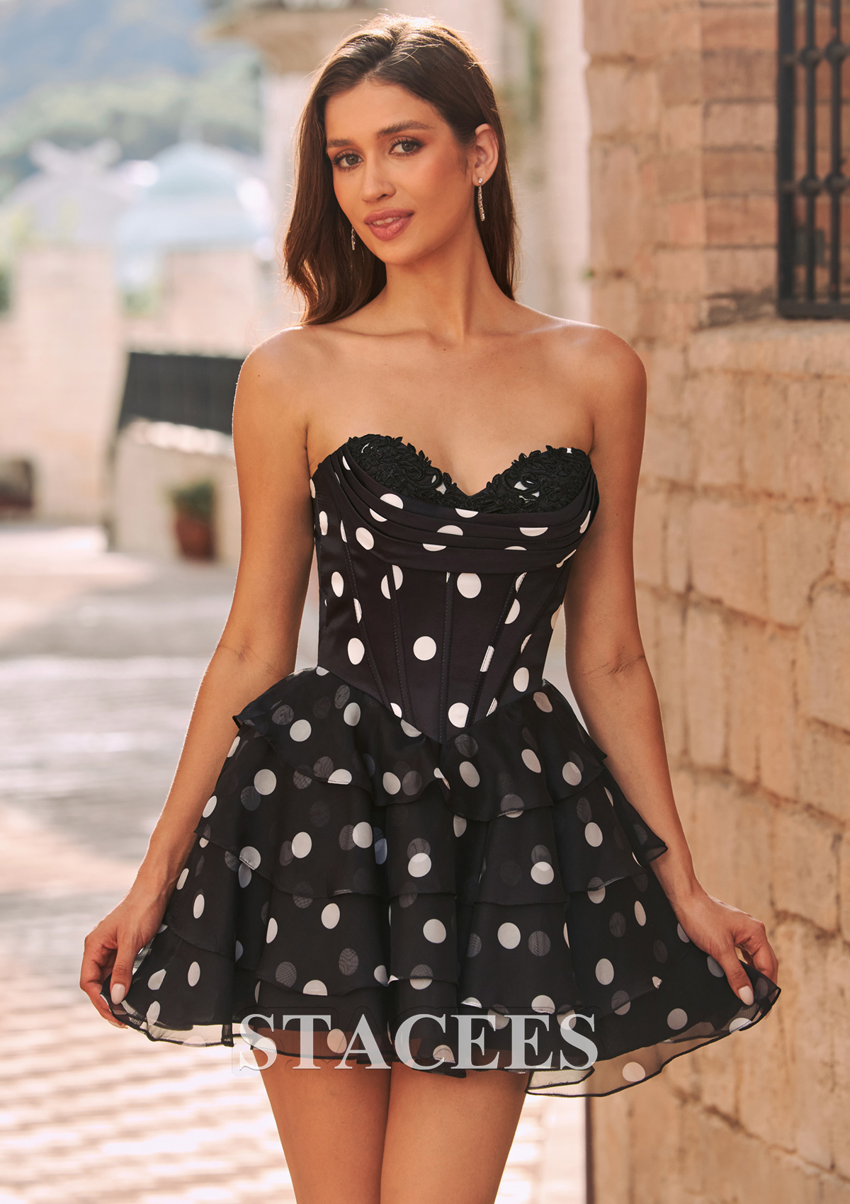 Black White A-line Black Polka Dot Ruffle Short Homecoming Dress with Strapless Corset - STACEES