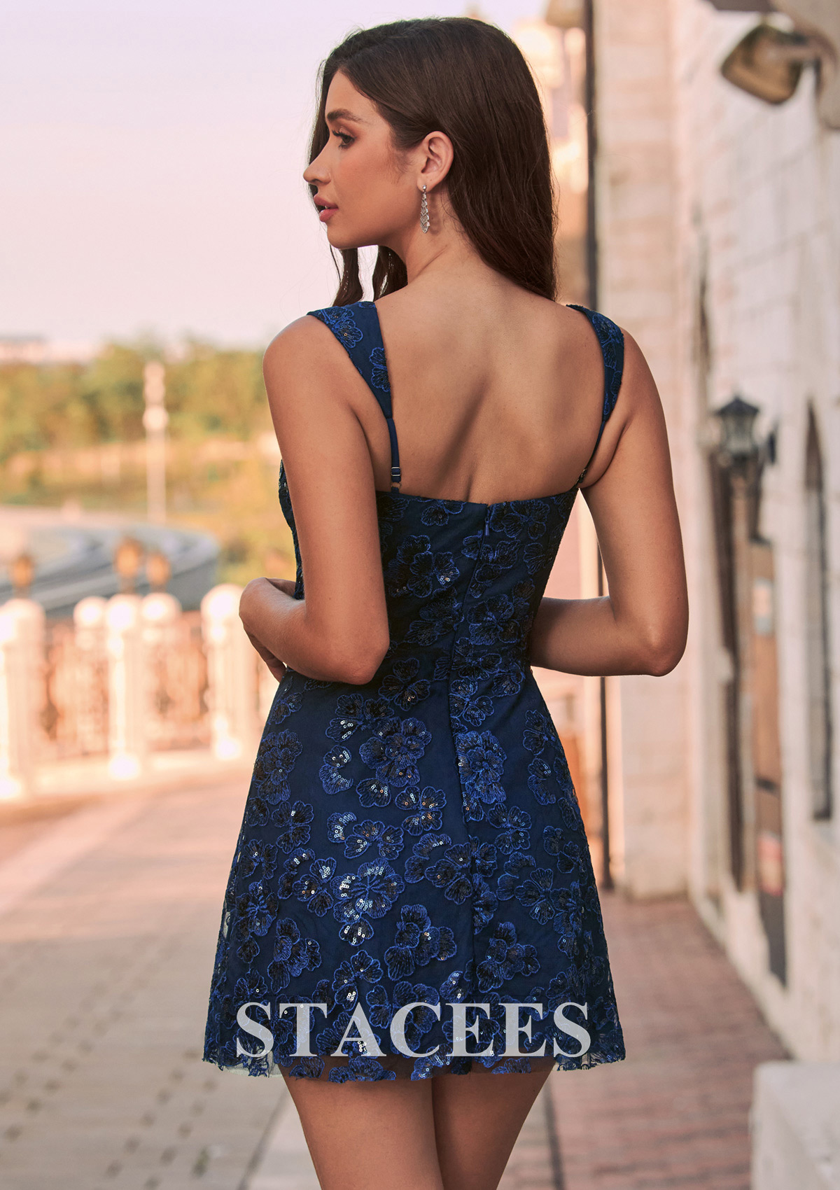 Dark Navy A-line Square Neckline Floral Lace Sequin Homecoming Mini Dress - STACEES