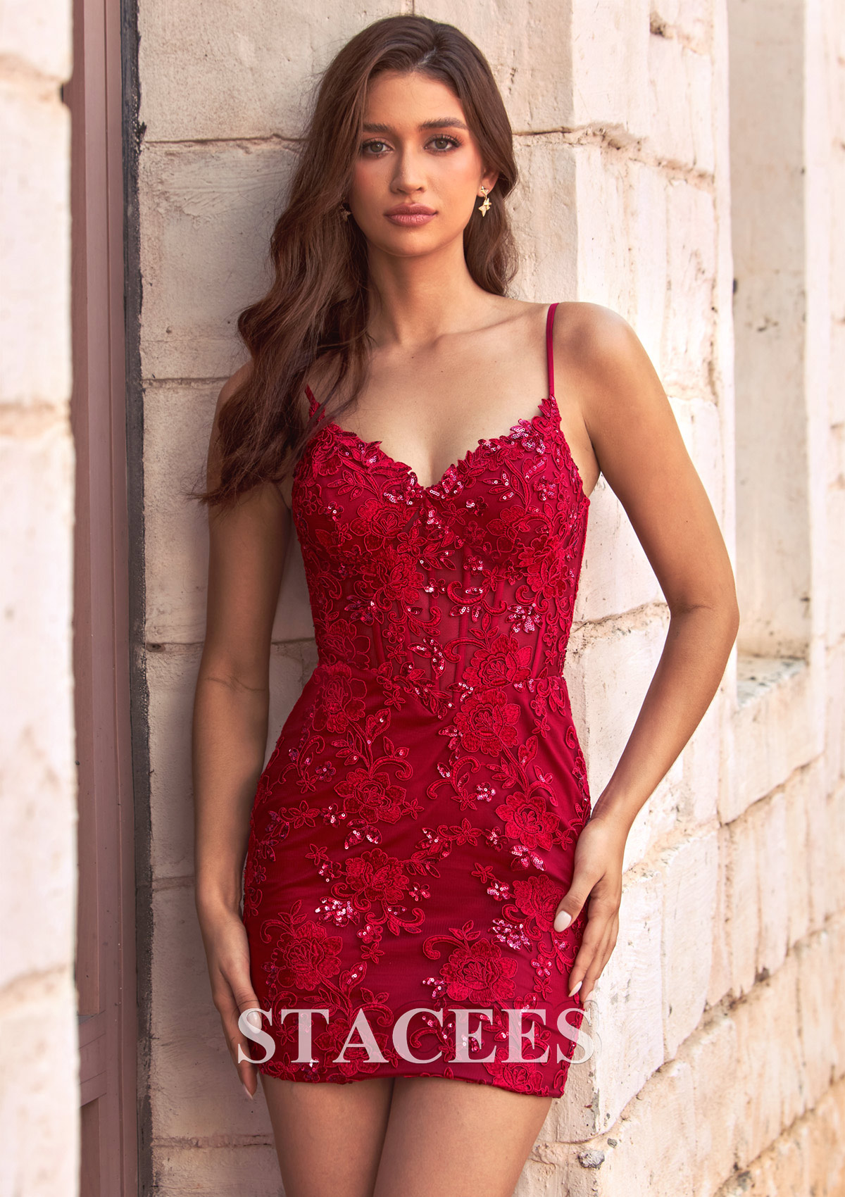 Burgundy Fitted Floral Lace Corset Mini Homecoming Dress with Spaghetti Straps - STACEES
