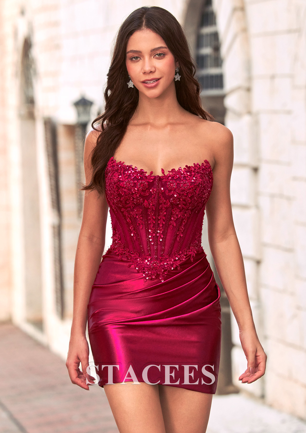 Burgundy Strapless Sequin Beaded Corset Silk like Satin Mini Homecoming Dress - STACEES
