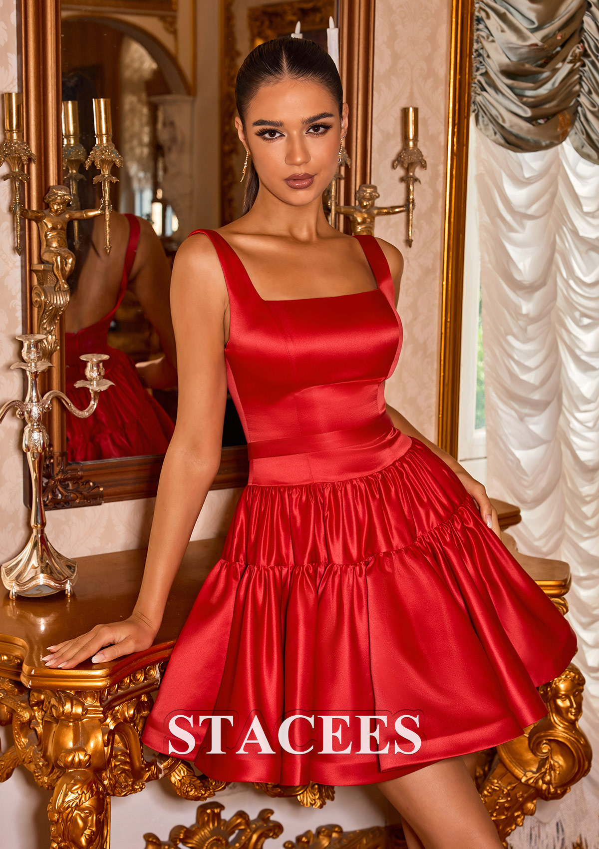 Red A-line Square Neckline Short Satin Homecoming Dress with Ruffle Waistband - STACEES