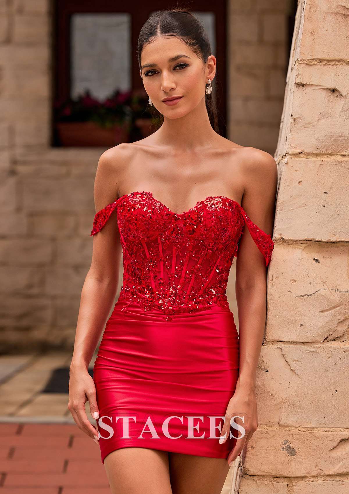 Red Off-the-Shoulder Sequin Lace Corset Silk like Satin Homecoming Dress with Pleats - STACEES