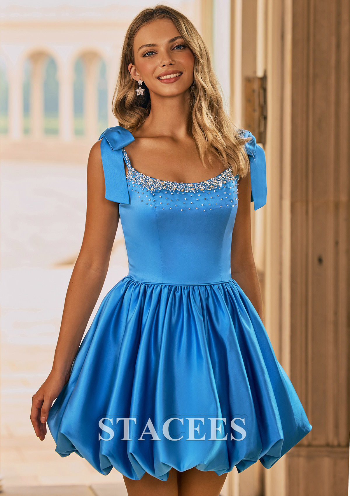 Bleu geai Robe trapèze scoop satin courte/mini robe de fête de la rentré avec perles noeuds papillons - STACEES