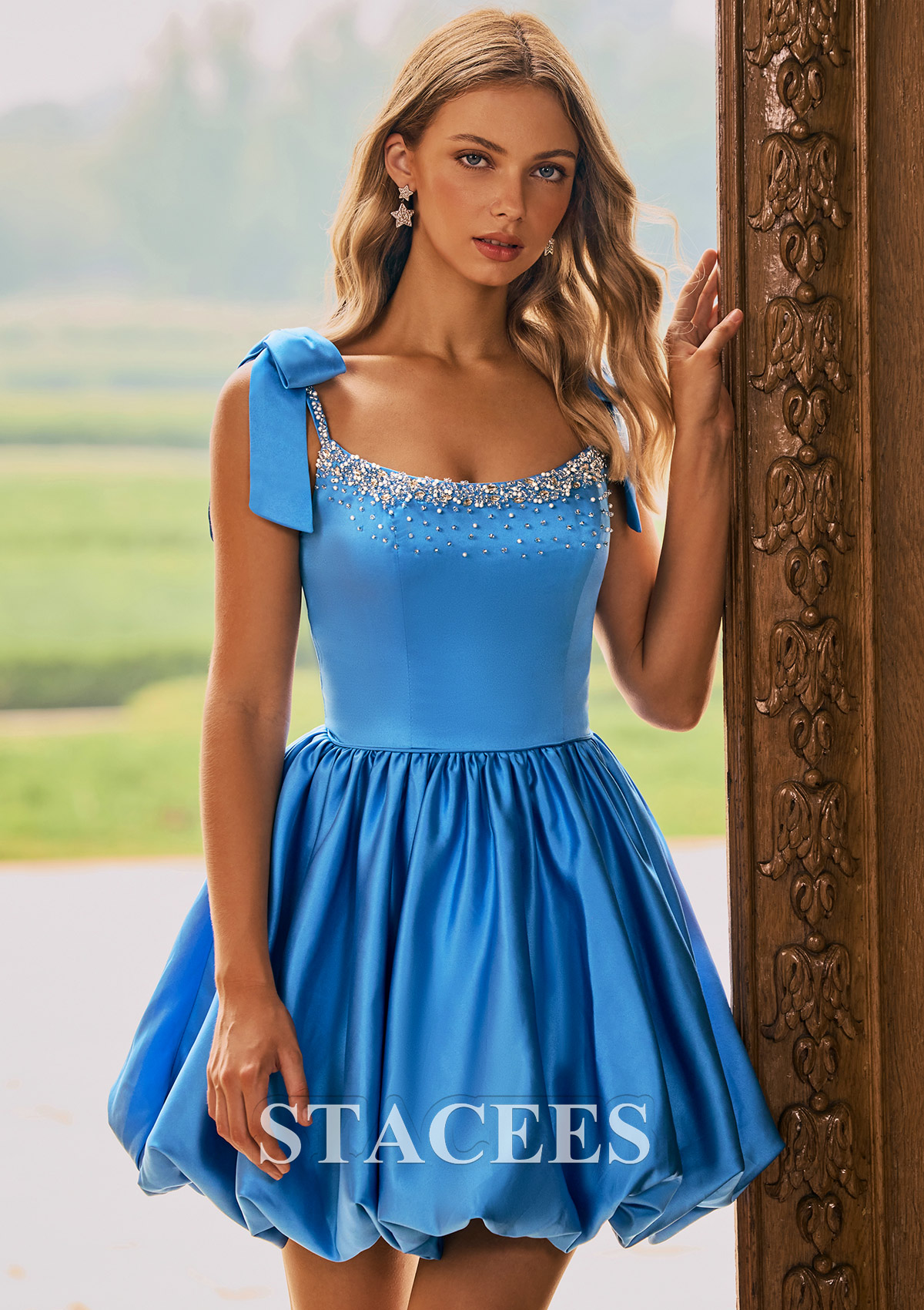 Bleu geai Robe trapèze scoop satin courte/mini robe de fête de la rentré avec perles noeuds papillons - STACEES