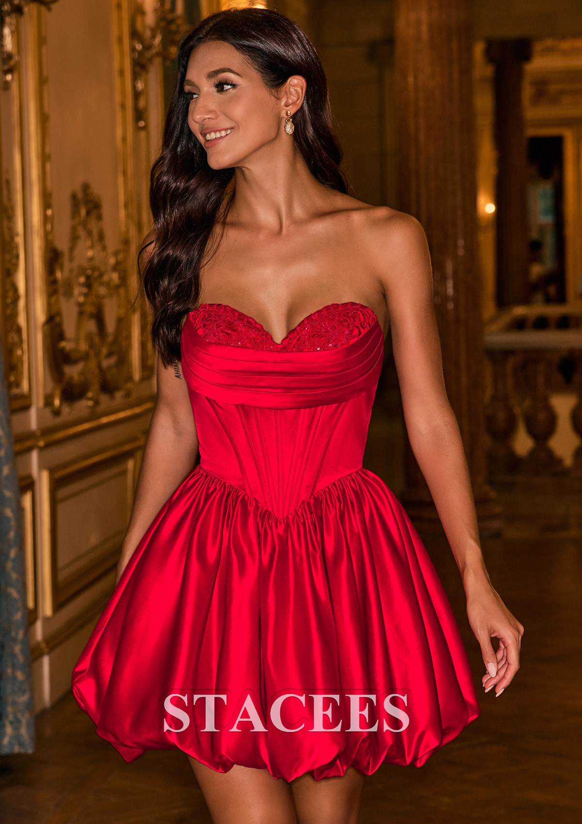 Rouge Robe trapèze cache coeur satin courte/mini robe de fête de la rentré avec plissé - STACEES