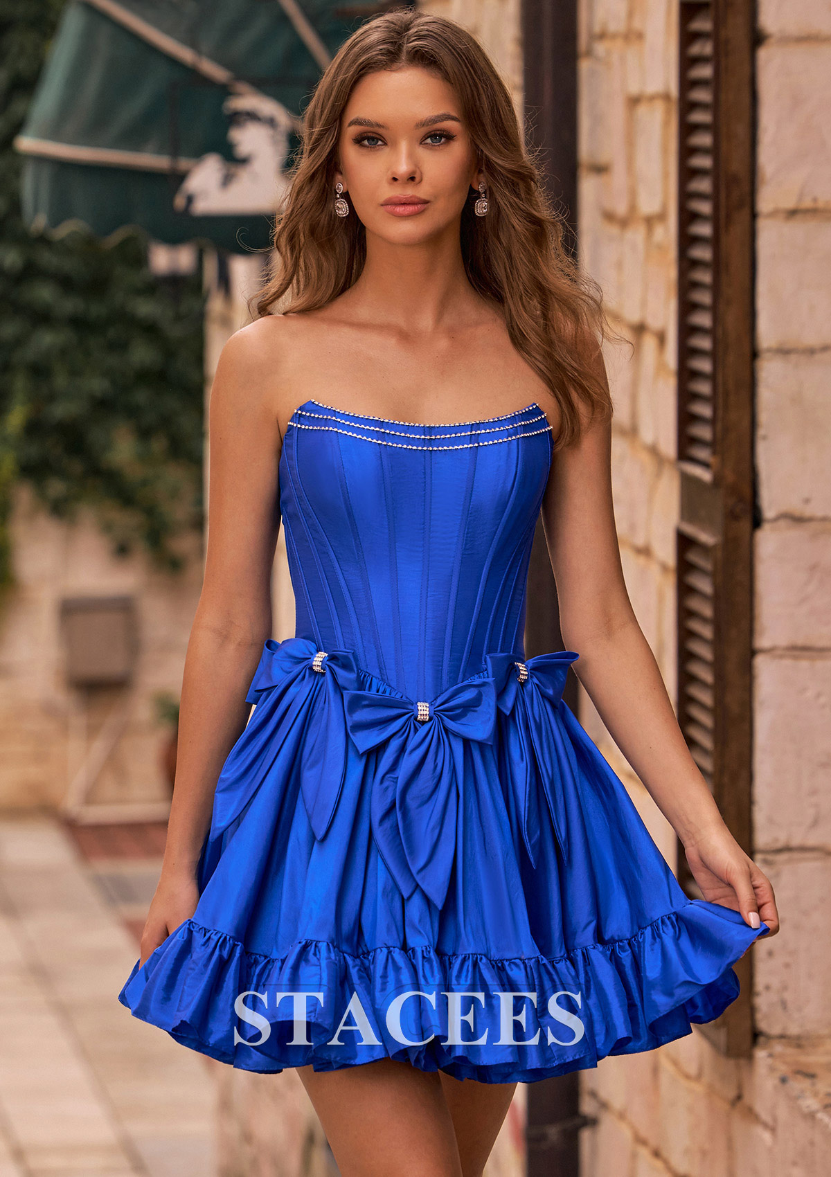 Bleu Royal Robe trapèze bateau taffetas courte/mini robe de fête de la rentrée - STACEES