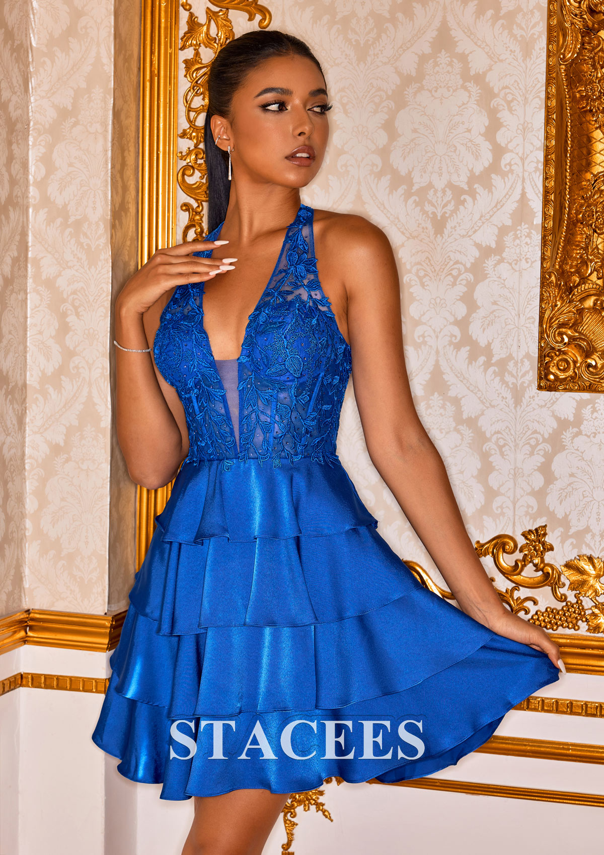 Royal Blue Vestido línea a cuello halter satén elástico corto/mini vestido para homecoming - STACEES