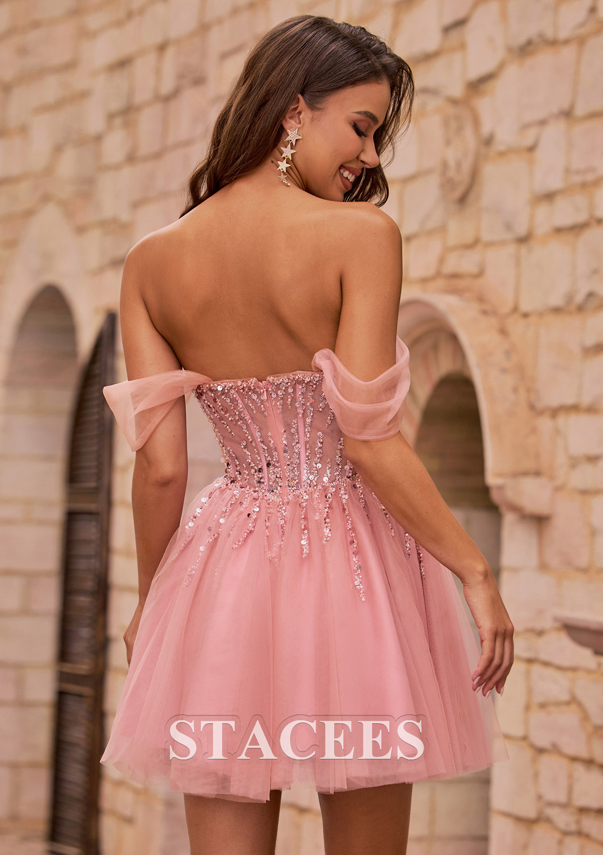 Rosa Empolvado Vestido línea a hombros descubiertos tul corto vestido para homecoming con lentejuelas - STACEES
