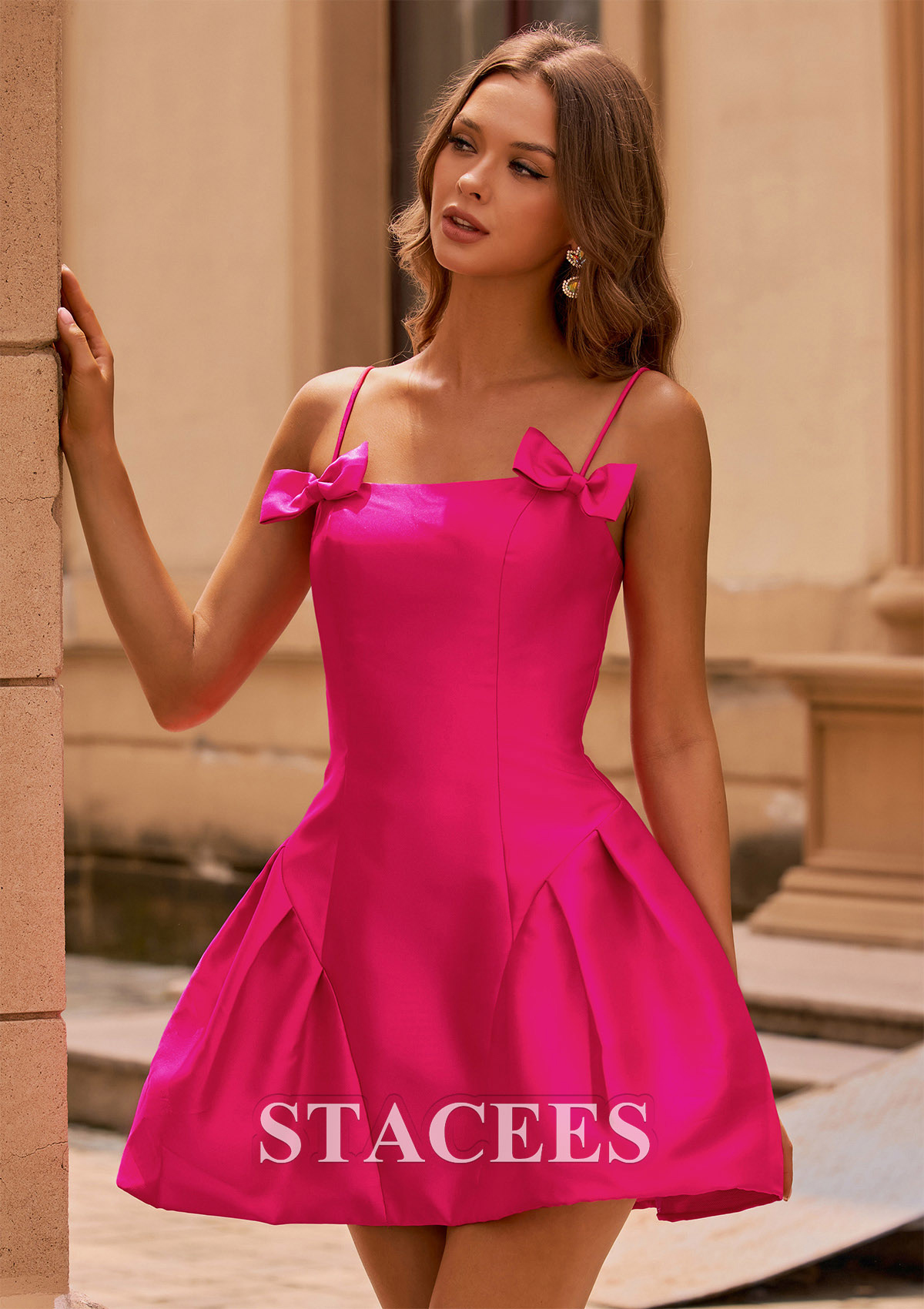 Fuchsia Robe trapèze carrée mikado courte/mini robe de fête de la rentré avec noeuds papillons - STACEES