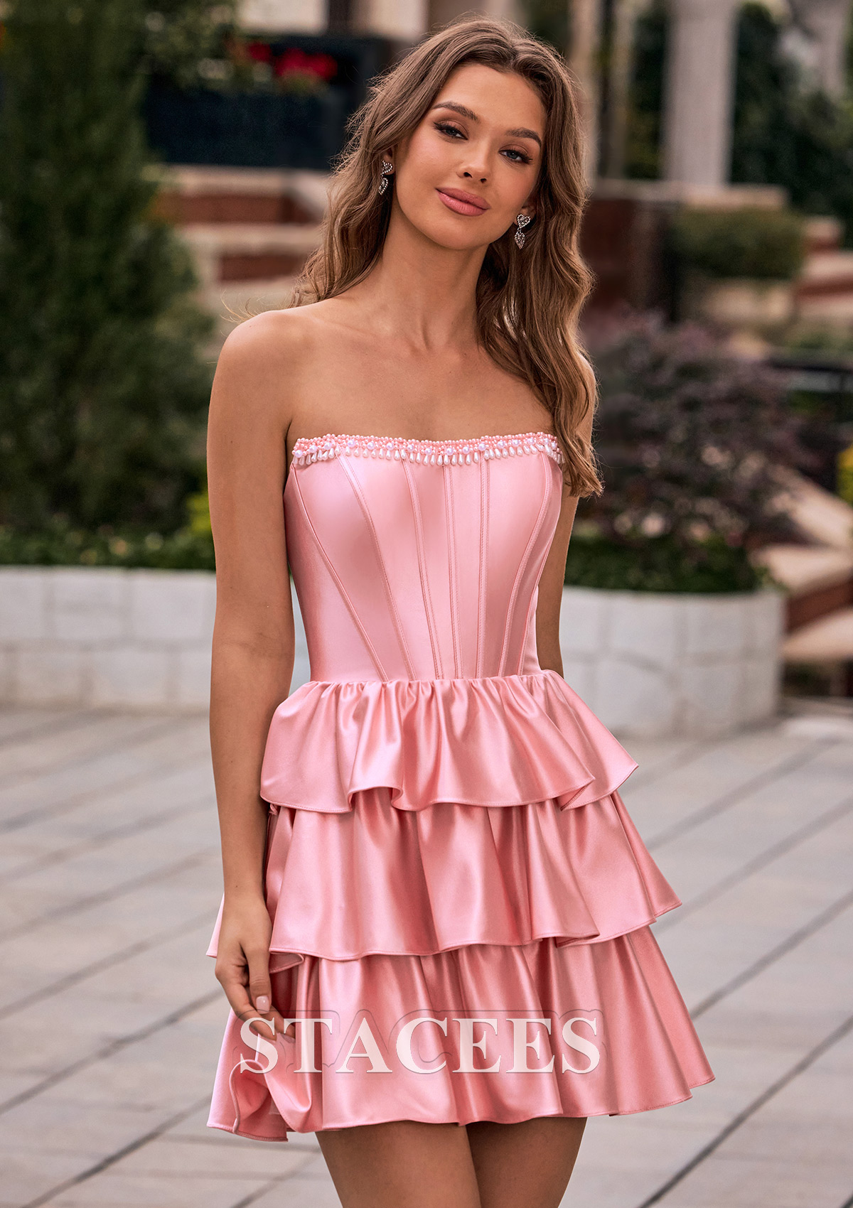 Rosa Empolvado Vestido línea a cuello cuadrado seda como el satén corto vestido para homecoming - STACEES