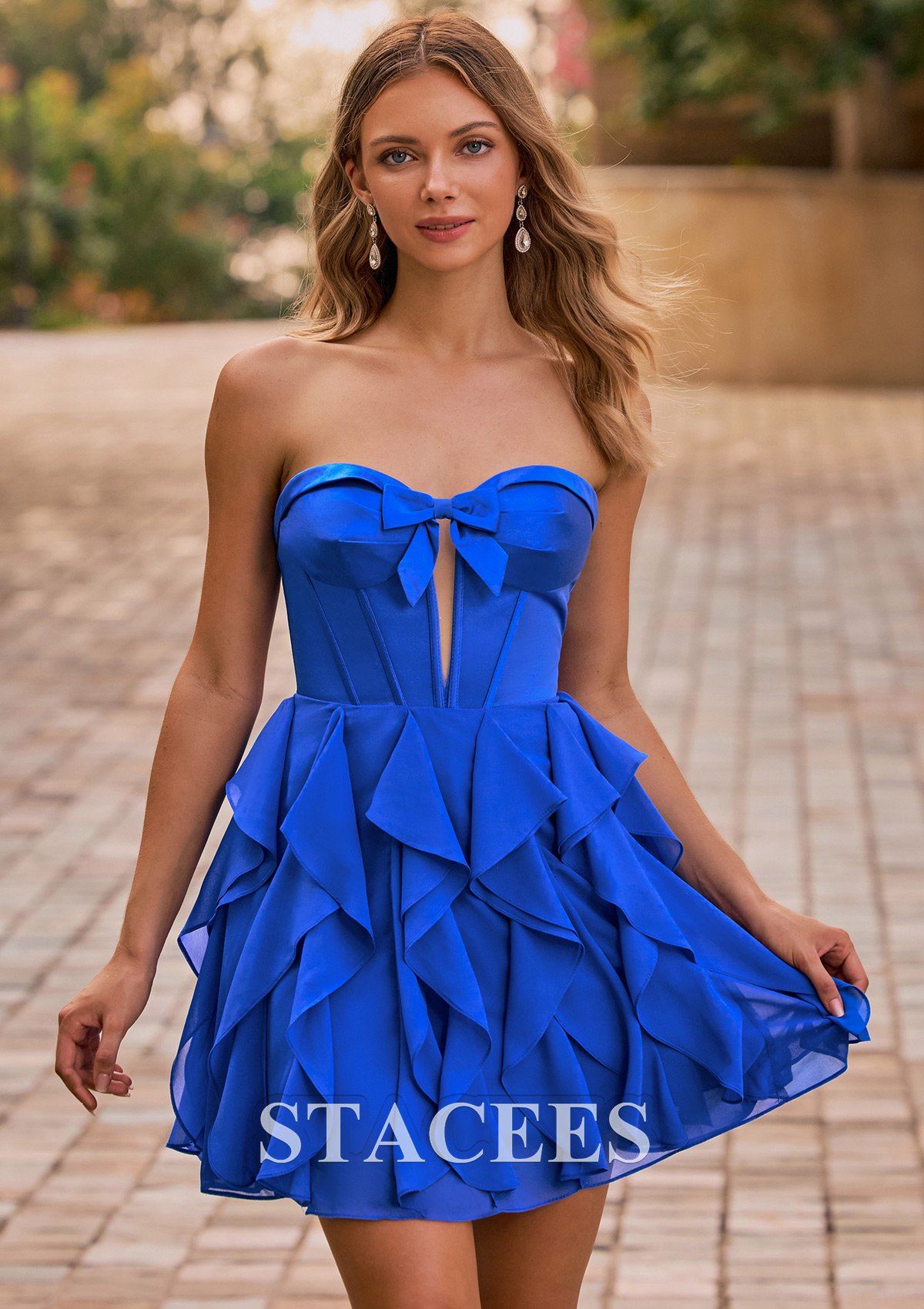 Azul Océano Vestido línea a cuello de corazón gasa satén corto vestido para homecoming - STACEES