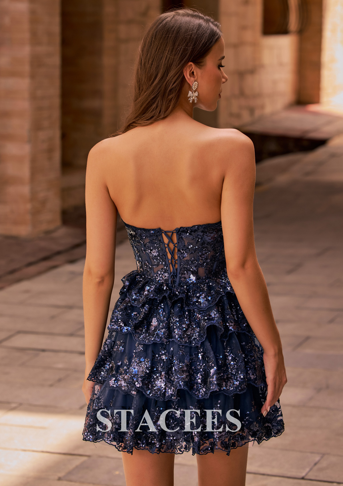 Azul Marino Oscuro Vestido línea a cuello de corazón lentejuelas corto vestido para homecoming - STACEES