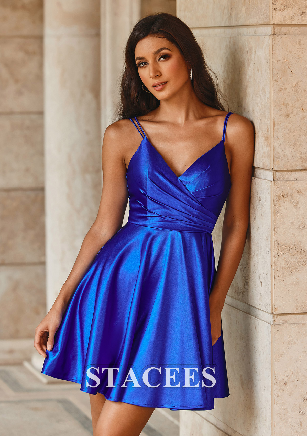 Bleu Royal Robe trapèze col en v soie comme du satin courte/mini robe de fête de la rentrée  - STACEES
