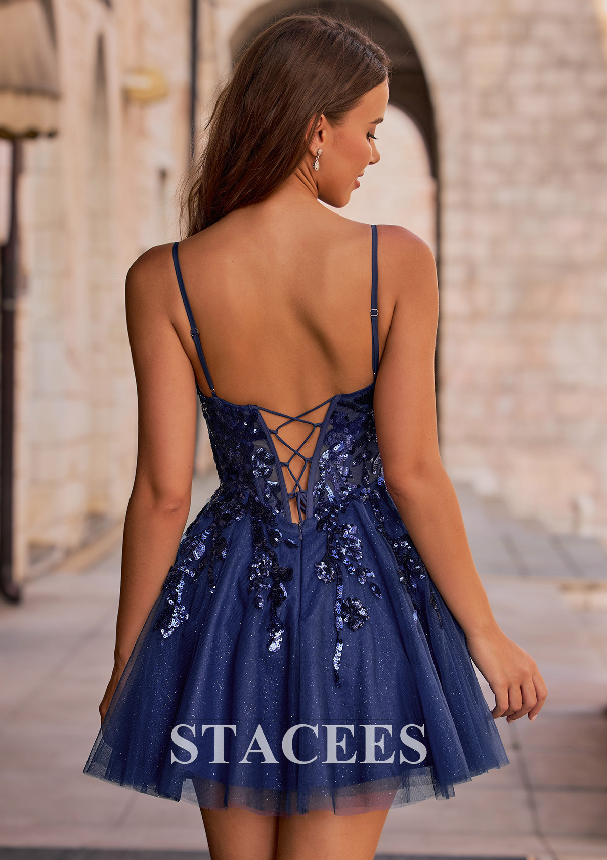 Dark Navy A-line Plugging V Neck Glitter Homecoming Dress with Sequins Sheer Corset - STACEES