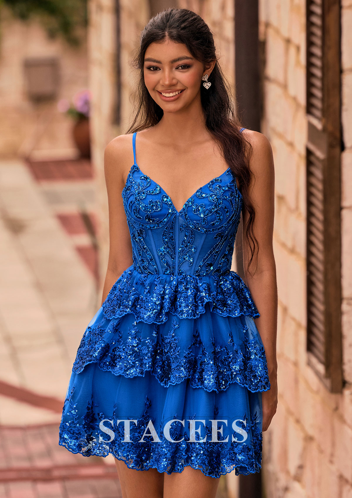 Bleu Royal Robe trapèze col en v tulle courte/mini robe de fête de la rentrée avec perles volants paillettes - STACEES