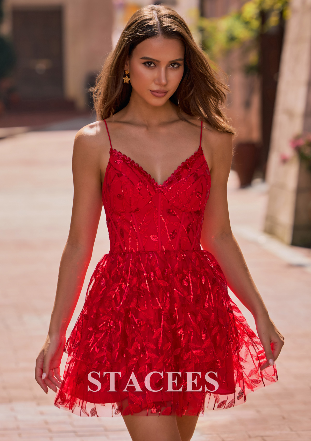 Red Sparkly A-line Floral Lace Sequin Layered Ruffle Homecoming Dress - STACEES