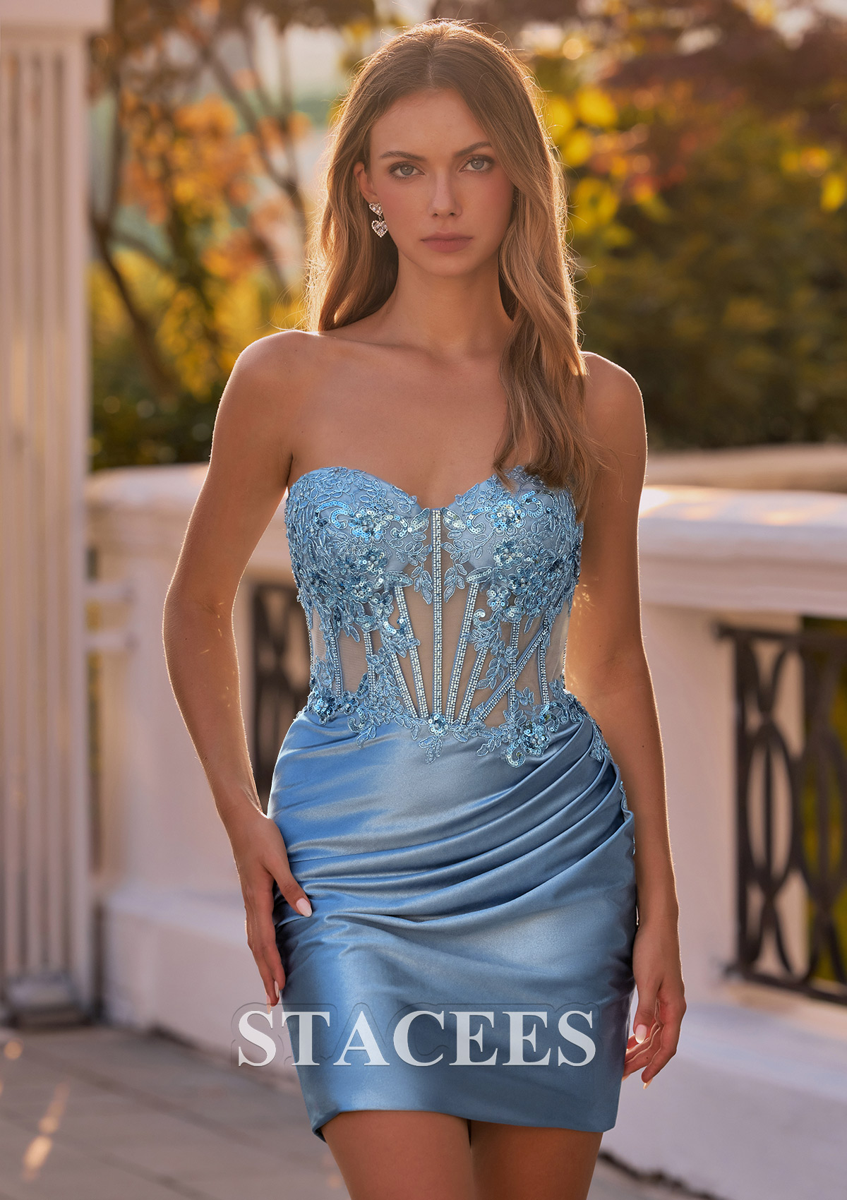Dusty Blue Strapless Ruched Silk like Satin Homecoming Dress with Embroidered Sheer Boned Corset - STACEES