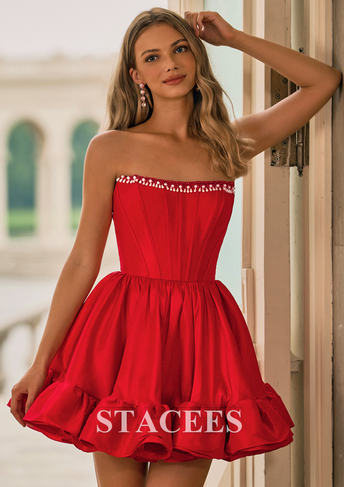 Red A-line Pearl Bateau Taffeta Strapless Corset Ruffled Bubble Homecoming Dress - STACEES