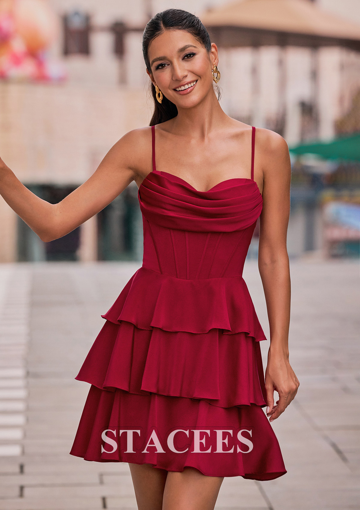 Bordeaux Robe trapèze col bénitier satin extensible courte/mini robe de fête de la rentrée avec plissé volants - STACEES