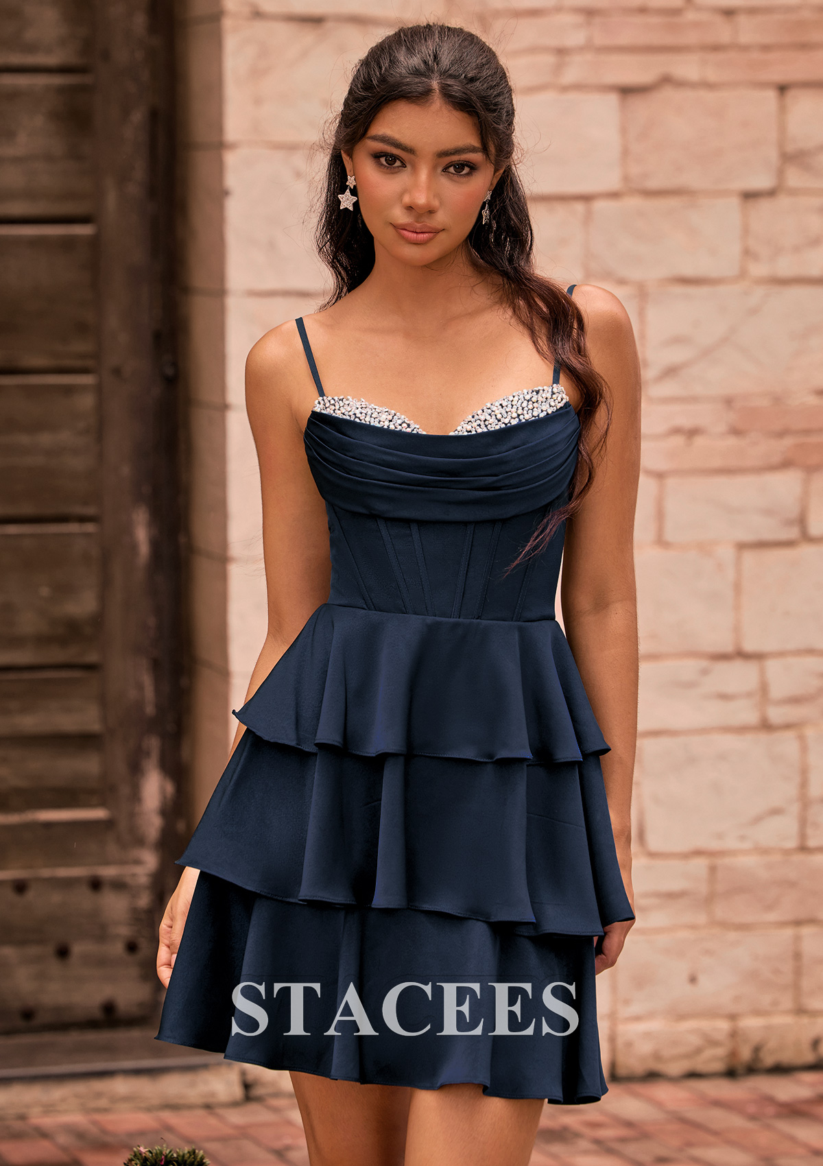 Bleu marine foncé Robe trapèze col bénitier satin extensible courte/mini robe de fête de la rentrée avec perles volants - STACEES