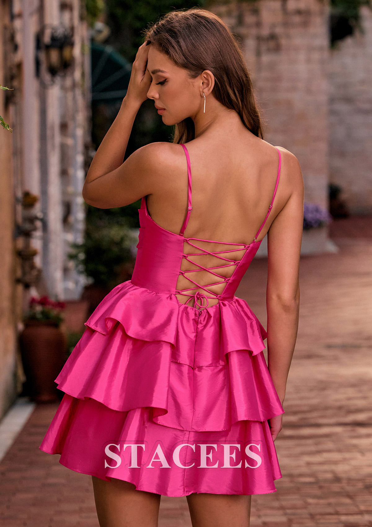 Rose Vif Robe trapèze scoop taffetas courte/mini robe de fête de la rentrée avec plissé volants - STACEES