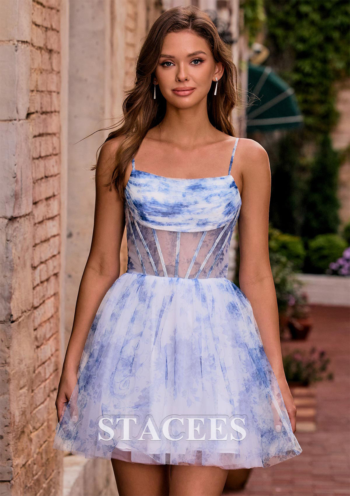Floral bleu océan Robe trapèze carrée tulle courte/mini robe de fête de la rentrée avec plissé - STACEES